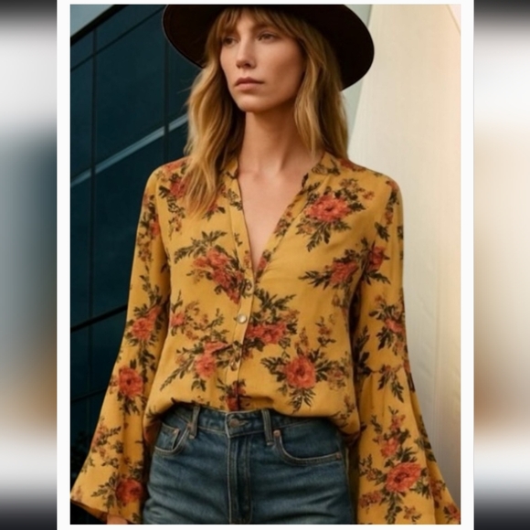 Free People Tops - Free People Easy Girl Bellsleeve Mustard Floral V-Neck Button Front Top Size S